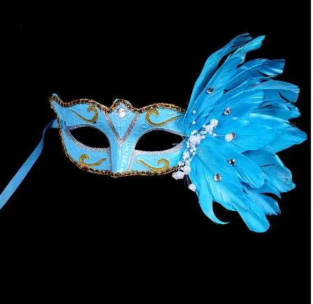 Venezianische Maskerade -Maske auf Stick Mardi Gras Kostüm Eyemask Druck Halloween Carnival Hand Held Stick Federn Party Mask310f