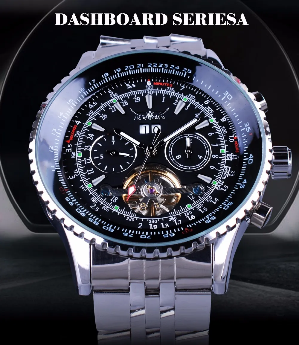 Jaragar Aviatorシリーズシルバーステンレススチールトゥビリオンデザインスケールダイヤルメンズウォッチトップブランド高級自動時計時計D18250G