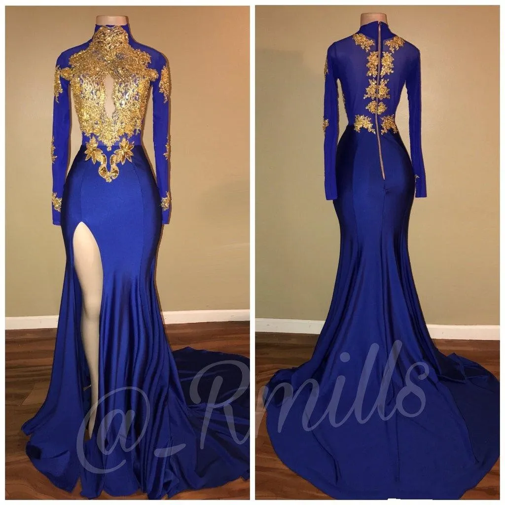Sexy Royal Blue Arabic Gold Lace Applique High Neck Prom Dresses Mermaid Keyhole Long Sleeves Sexy side Split Black Girl Party Evening Gowns