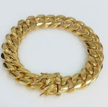 Bracelet à maillons cubains Miami pour hommes, en or jaune 18 carats, fermoir boîte, 12mm, 2104