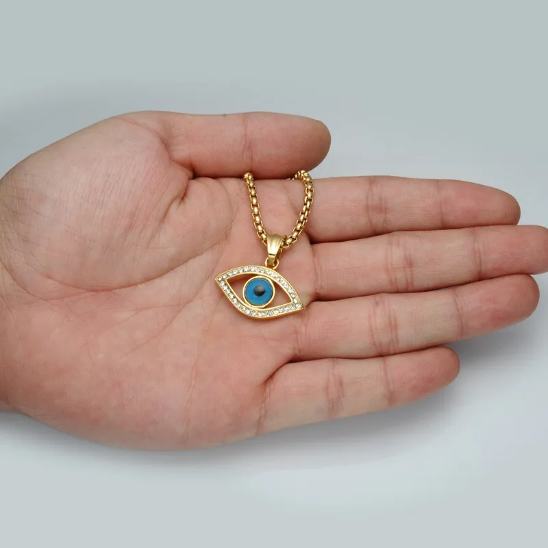 Evil Eye Pendant Necklace Stainless Steel Inlaid Crystal Turkey Good Luck Blue Eye Pendant 60cm Chain8656061