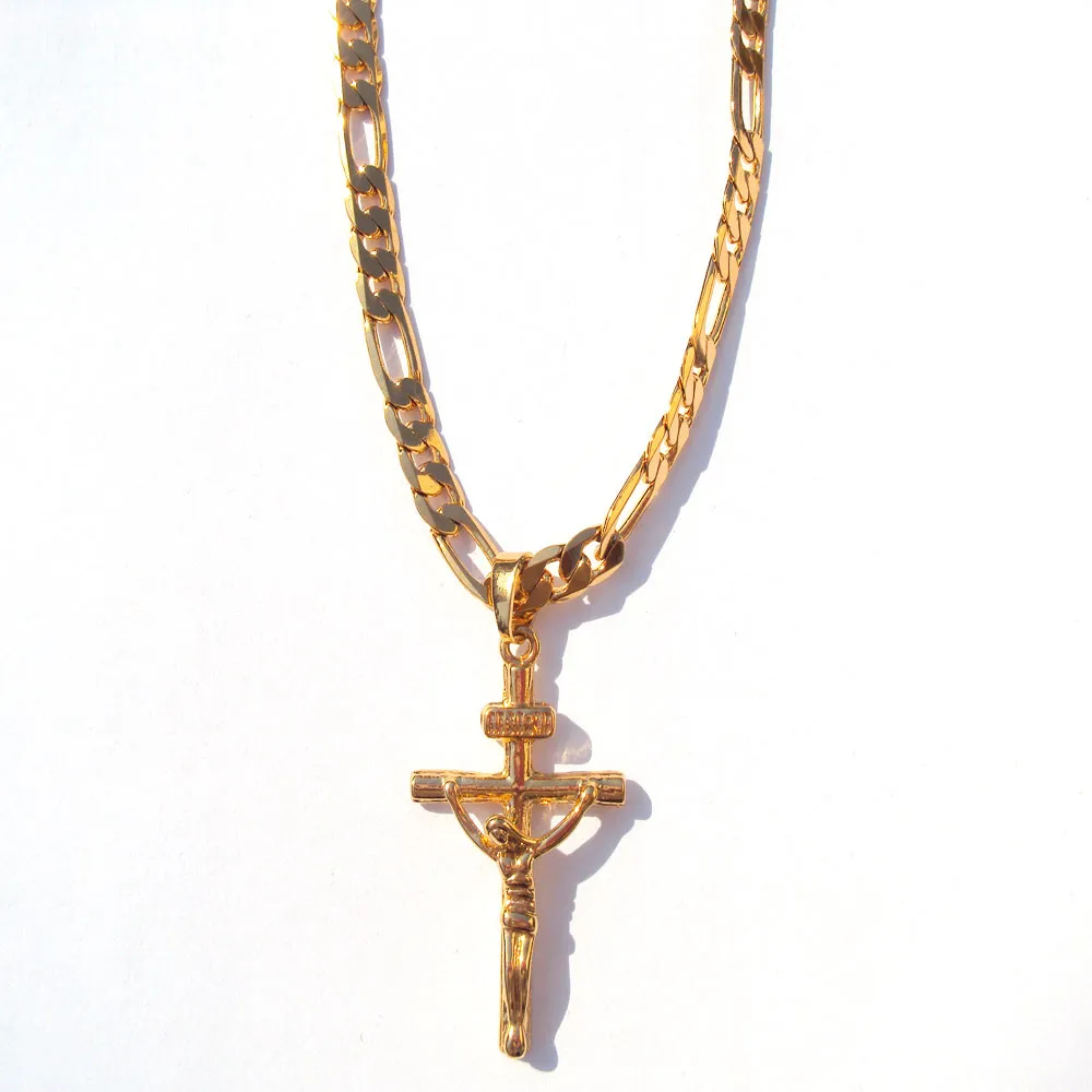 Collar de cadena de eslabones Figaro italiano de 24 quilates de oro amarillo macizo GF de 6 mm, 24 colgantes cruzados con crucifijo de Jesús para hombres y mujeres 279R