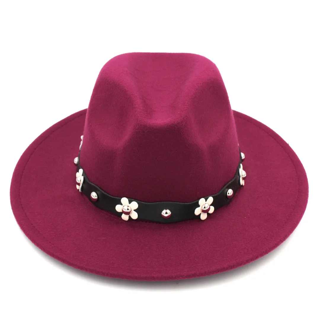 Mode unisexe laine mélangée Panama chapeau Fedora casquettes extérieur large bord Sombrero parrain casquette église chapeau bande de cuir avec fleur