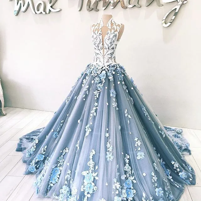 Glamorous Handmade Flowers Evening Dress Sexy High Neck Beads Lace Applique Tulle Ball Gowns Prom Dress Elegant Dubai Long Evening281Z