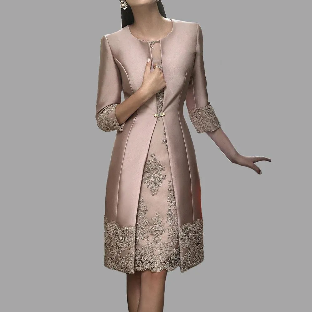 elegant mother of the bride dresses with long jacket jewel 3 4 long sleeve formal dress lace applique knee length evening gowns