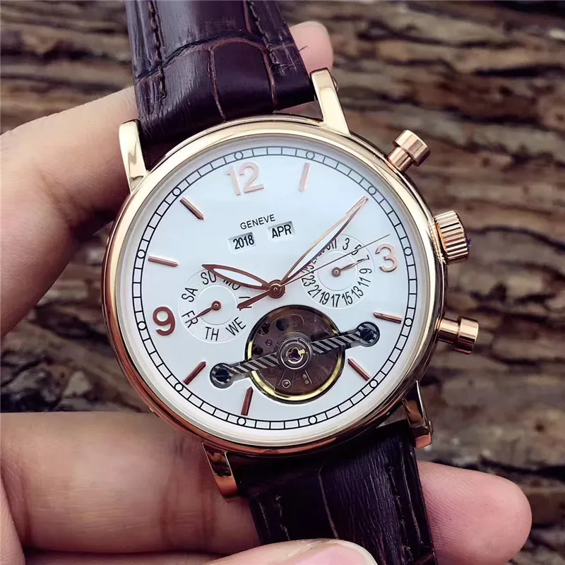 Marque suisse hommes de luxe affaires mode calendrier et semaine cuir haute qualité homme montres horloge Tourbillon mécanique watc2755