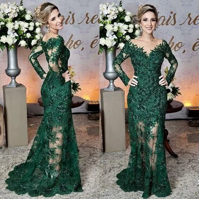 newest dark green mother of the bride dresses sheer jewel neck lace appliques long sleeve mermaid formal evening prom dresses