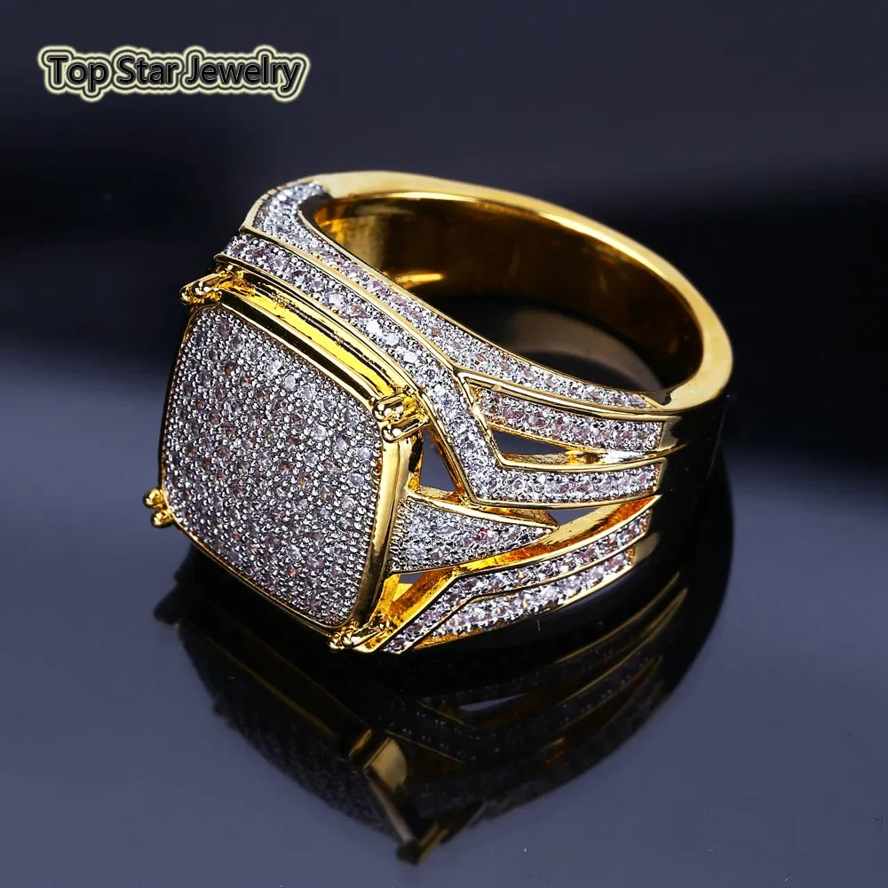 Vintage Copper Ring Shiny Micro Cubic Zirconia Real Gold Plated Rings Punk Finger Accessories For Men Hip Hop Rapper Jewelry Gift Size 7-11