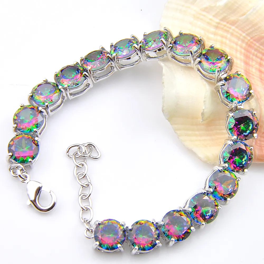 Entier-925 argent Sterling fait à la main Multi véritable rond Frie arc-en-ciel mystique topaze dame chaîne Bracelets2686