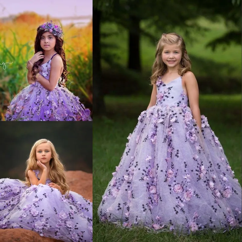 Gorgeous Fluffy Flower Girl Dresses With 3D Floral Applique V-Neck Lace-Up Backless Girls Birthday Dress Lovely Girls Pageant Dresses