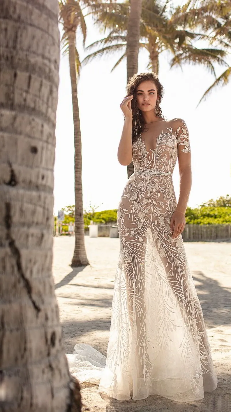 berta mermaid wedding dresses see through lace appliqued short sleeves bridal gowns arabilc dubai vestidos de novia