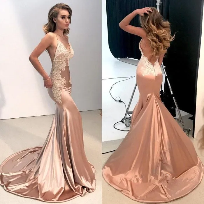 Elegant Sexy Spaghetti Straps Satin Mermaid Prom Dresses Lace Appliques Backless Vestidos de Festa Party Evening Gowns BA8287