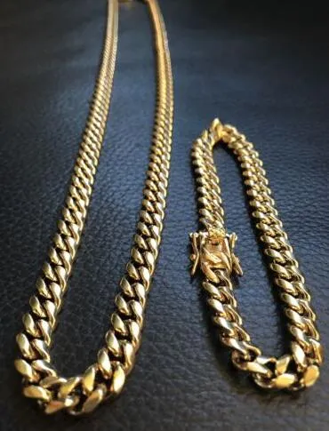 10 mm heren Cuban Miami Link Bracelet Chain Set 14K Gold Ploated roestvrij staal276H