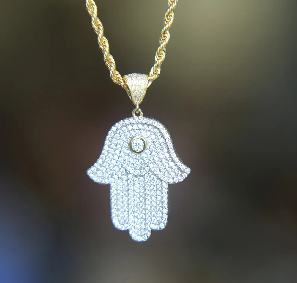 Hip hop bling jóias gelado fora legal menino masculino colar hamsa mão pingente banhado a ouro prata cz zircônia cúbica bling hiphop necklac300J