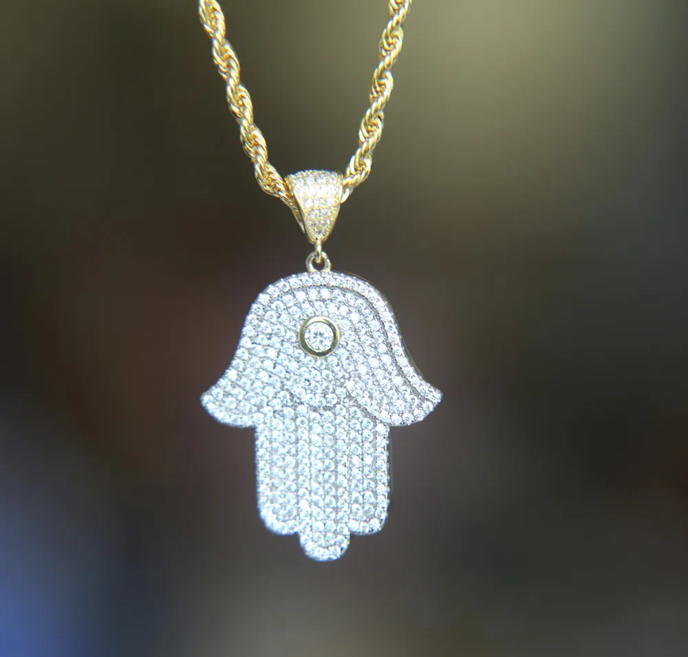 hip hop bling jewelry iced out cool boy mens necklace hamsa hand pendant gold silver plated cz cubic zirconia bling hiphop necklac225W
