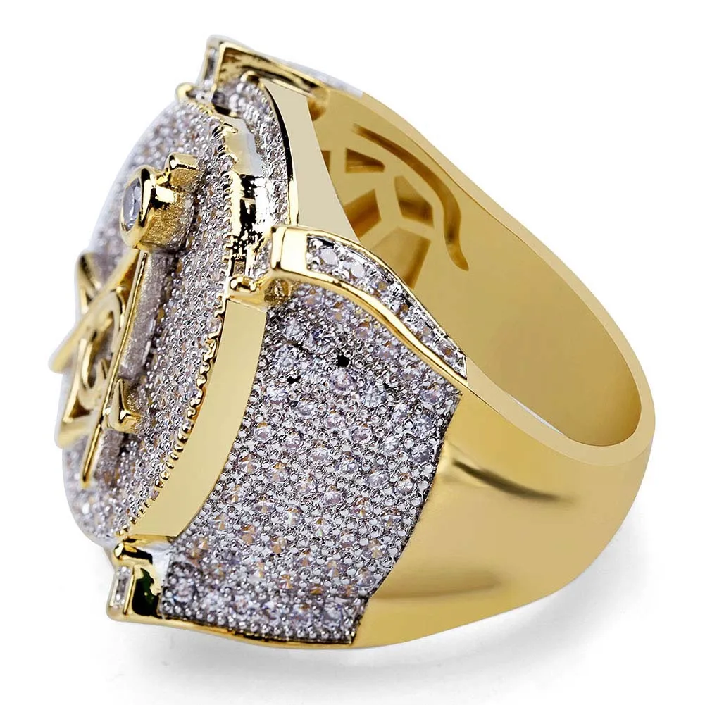 Hip Hop Masonic Ring All Iced Out High Quality Micro Pave CZ Rings Copper Gold Color Plated For Women Men231m