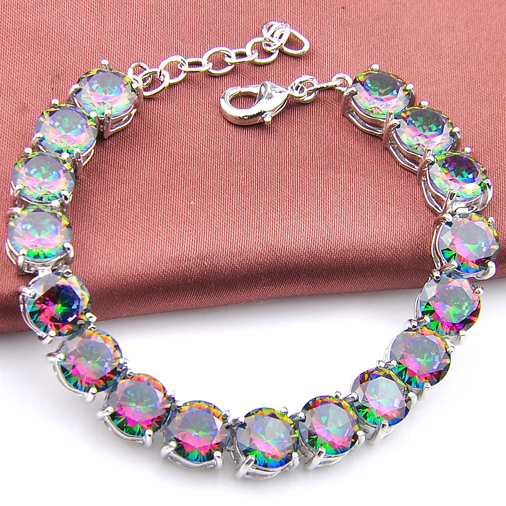 Bütün - 925 STRING Gümüş El Yapımı Çok Gerçek Yuvarlak Frie Rainbow Mystic Topaz Lady Zincir Bilekler210N