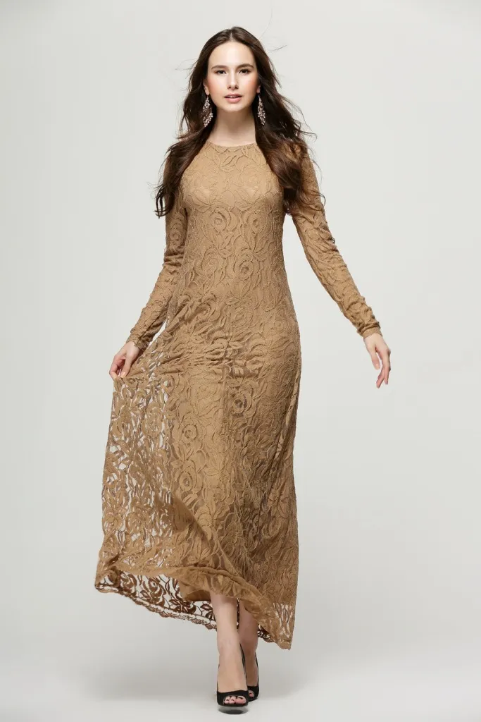 Кружева Мусульманские Арабские Халаты Мода Женщины Исламская Абая Кафтан Платье С Длинным Рукавом Дамы Макси Платье Зеленый Черный Розовый