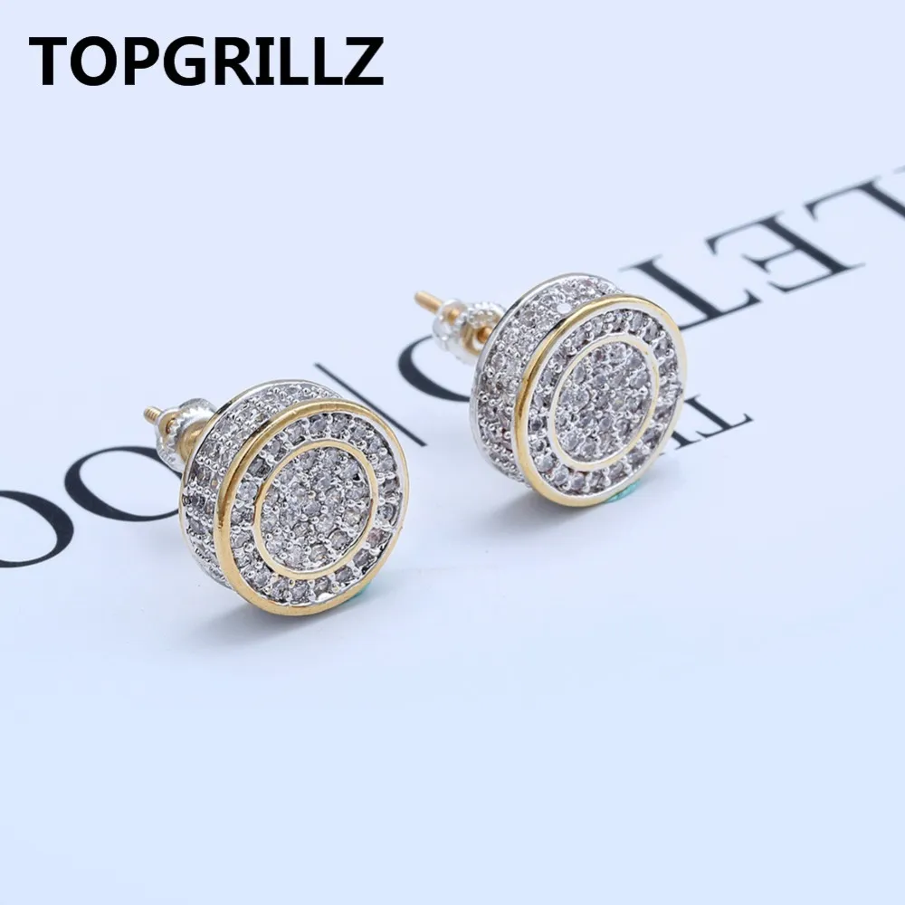 Topgrillz Gold Silver Color 아이스 아웃 입방 입방 지르콘 둥근 스터드 이어링 스크류 버클 남성 여성 힙합 보석 선물 286e