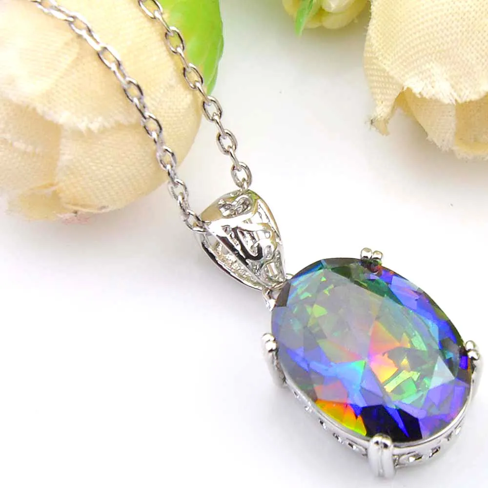 LuckyShine 6st Holiday Gift Oval Rainbow Blue Mystical Topaz Gemstone 925S Silver Halsband CZ Pendants Jewelry Unisex246o