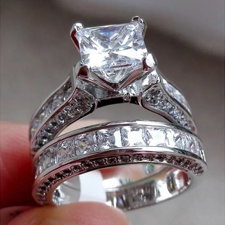 Luxury Size 5 6 7 8 9 10 Jewelry 10kt white gold filled Topaz Princess cut simulated Diamond Wedding Ring set gift with box298K