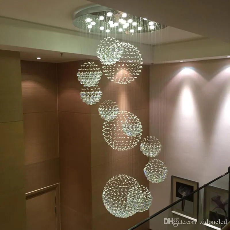Lustre moderno gota de chuva grande luminária de cristal com 11 esfera de cristal luminária de teto 13 gu10 escada de teto embutida l244e