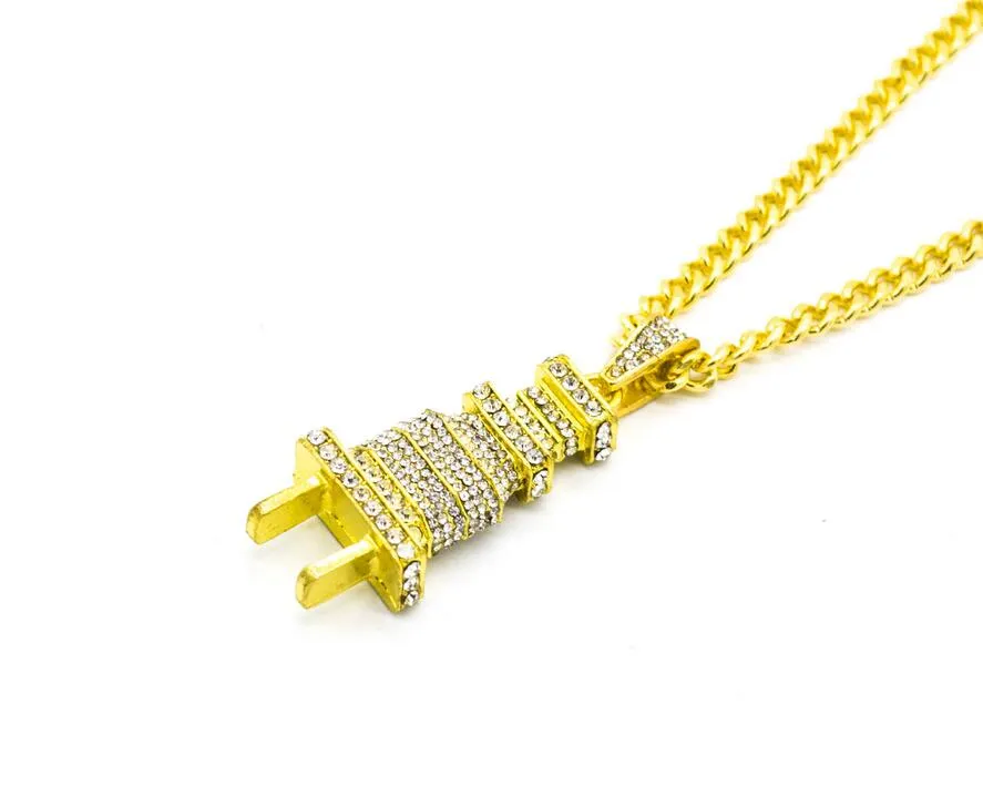 24K gold plated Iced Out Bling Men's Plug Pendant Necklace Plated Charm Micro Pave Full Rhinestone Cuban Chain Hip Hop Jewelr251O