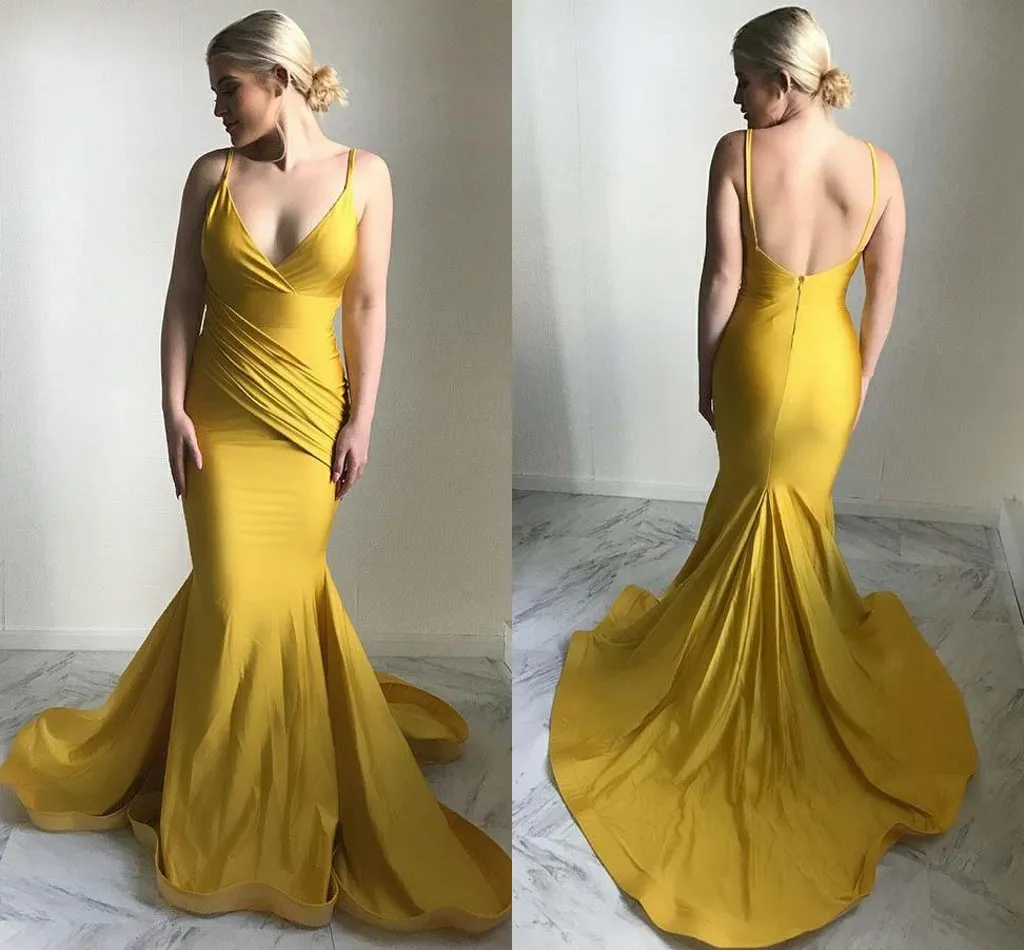 Yellow New Sexy Mermaid Prom Dresses Spaghetti Straps Backless Pleats Sweep Train Elegant Formal Dress Evening Gowns Vestidos