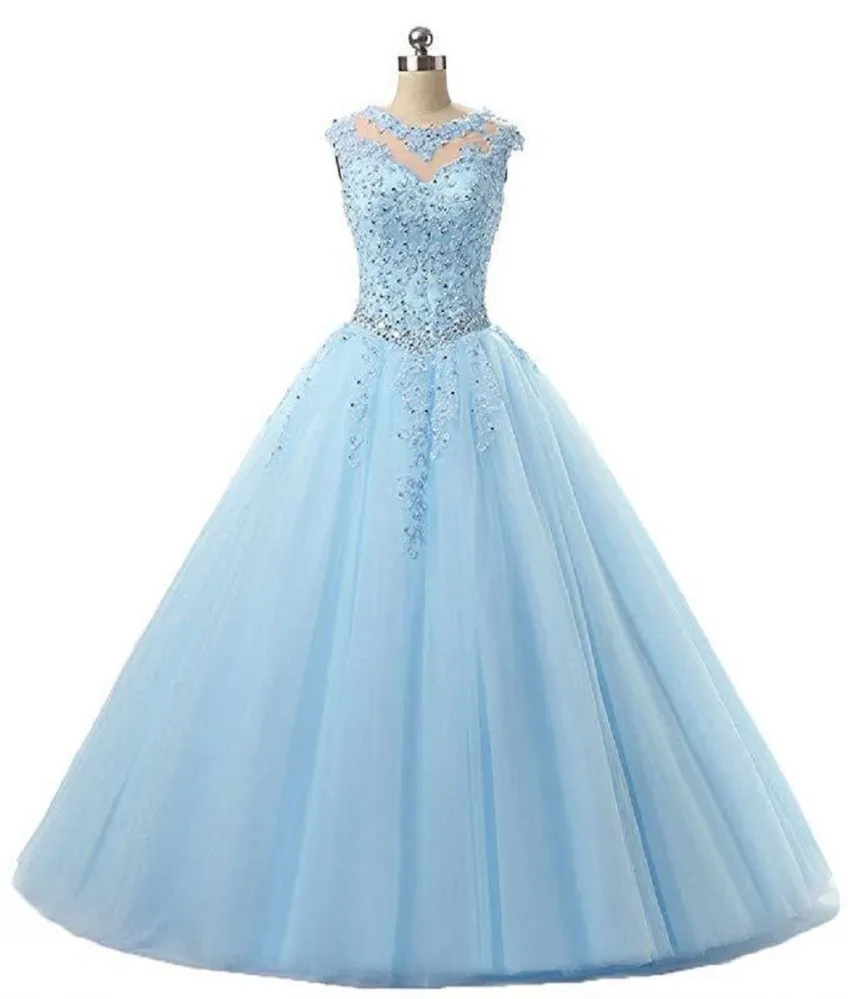 Sweet 16 Quinceanera Pageant Dresses Lace Applique Tulle Ball Gown Prom Dresses Long Vestidos 15 anos Keyhole Back Debutante Masqu251Z