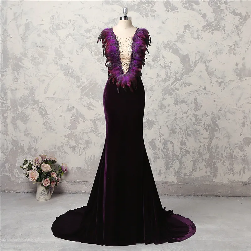 Luxury Noble Purple Evening Dresses Jewel Sleeveless With Feather Beaded Mermaid Prom Gowns Back Zipper Sweep Train Custom Made Party Gowns