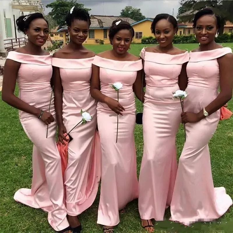 Simple Cheap Pink Nigerian African Mermaid Bridesmaid Dresses Scoop Neck Sweep Train Maid Of Honor Dress Cheap Formal Gowns