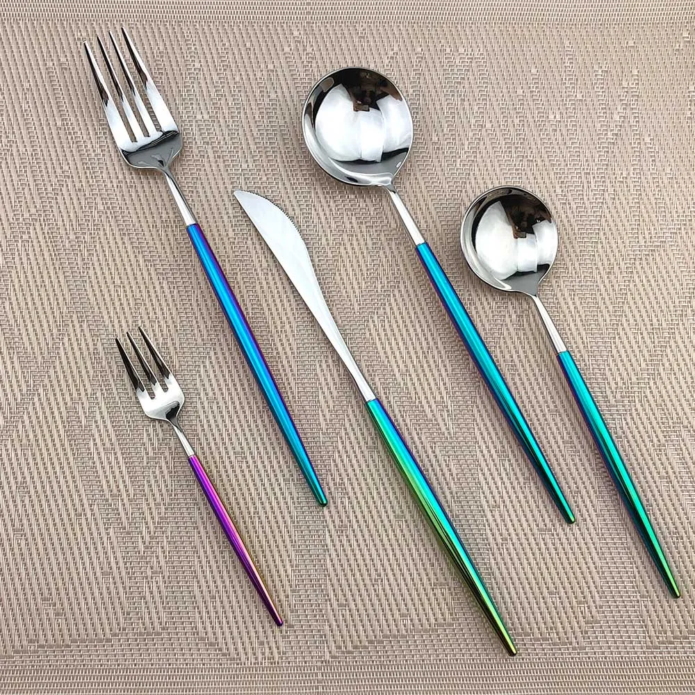 6/24 / Splicing Arco-íris Colorido 18/10 Dinnerware de Aço Inoxidável Luxo Faca de talheres Conjunto de talheres de talheres de prata