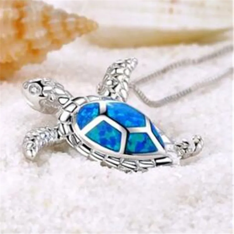 Collier avec pendentif en forme de tortue de mer, nouvelle mode, mignon, argent rempli d'opale bleue, pour femmes, Animal, mariage, océan, plage, bijoux, cadeau 256L