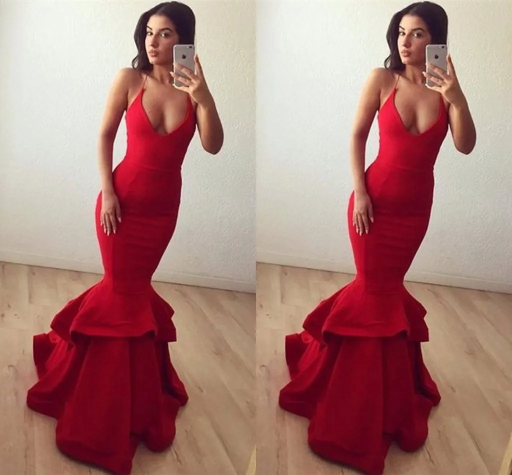 Newest Charming Sexy Red Halter Neck Mermaid Prom Dresses Satin Simple Floor Length Tiered Backless Formal Party Gowns Evening Dress Custom