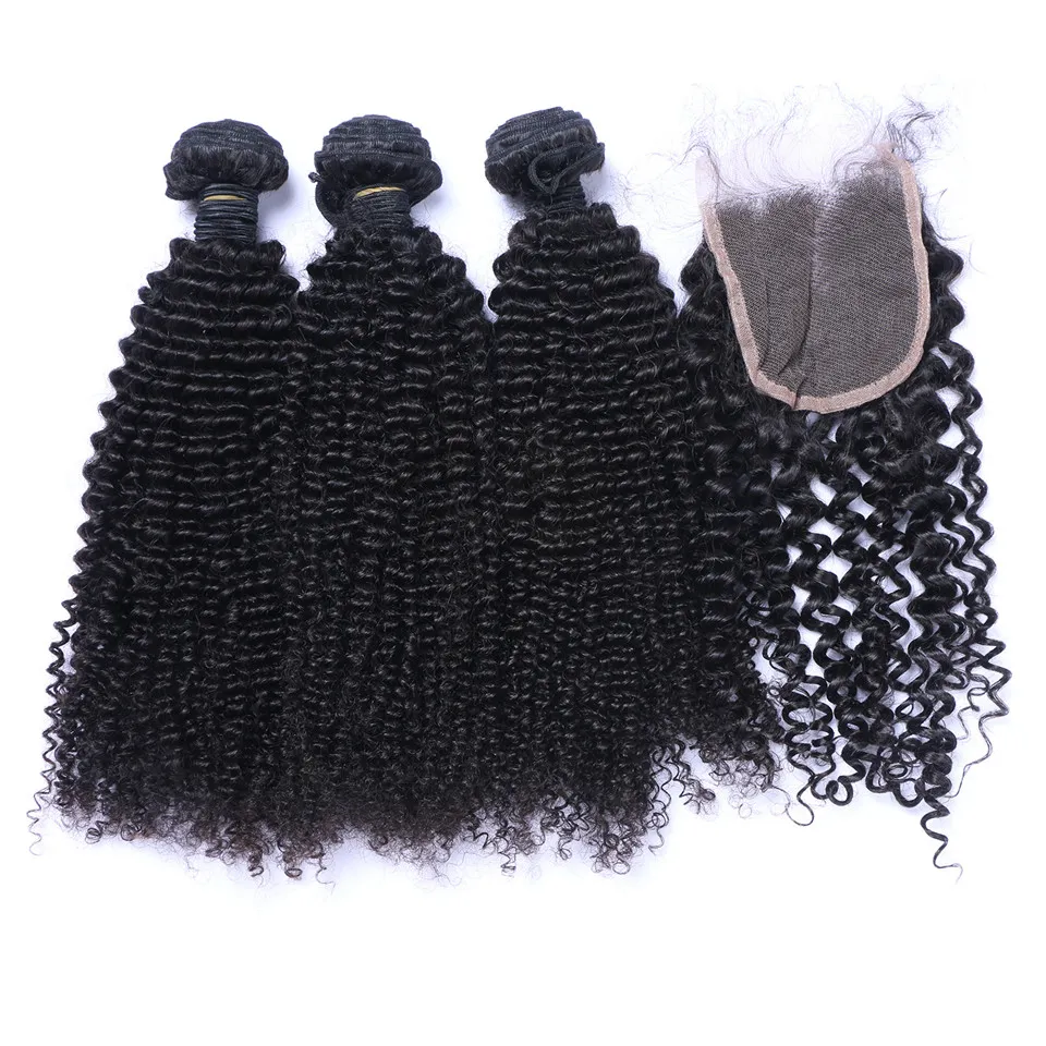 Brazilian Kinky Curly Human Hair Weaves with Closures Double Weft Dyeable Pre-plucked Natural Hairline