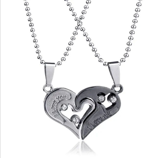 Double Heart Pendant Necklace 316L Stainless Steel Crystal Matching Jewelry Couple Lovers I Love U Necklaces A Set284J