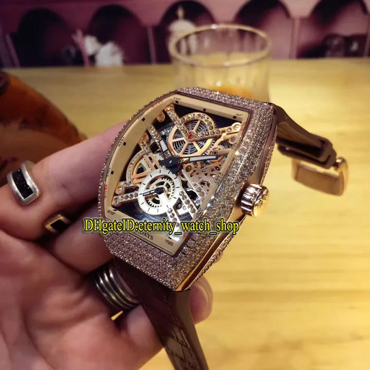 Eternidade de alta qualidade V 45 S6 SQT NR BR NR Gold Skeleton Dial Rose Gold Diamond Case Relógio automático masculino com pulseira de couro Iced Out291s