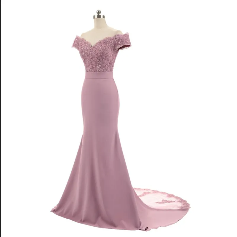 Nouvelle arrivée Pink V Neck Cap Sleve Vintage Lace Appliques Sirène perle Brides Bridesmaid Robes de fête Vestido de Festa 277r