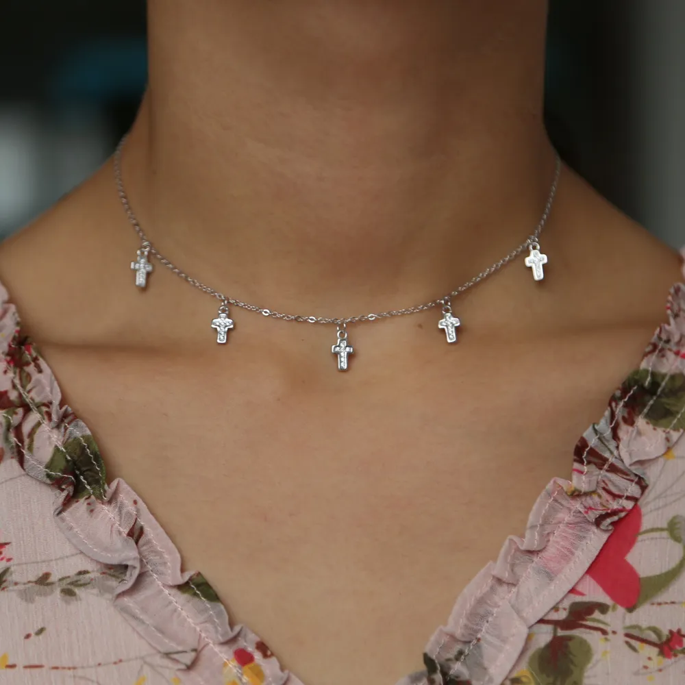 New Latin Small Cross Charm Necklace Pendents With Clear Zircon 100% 925 sterling silver Lucky Dangle Cross Necklace For Girls243Z