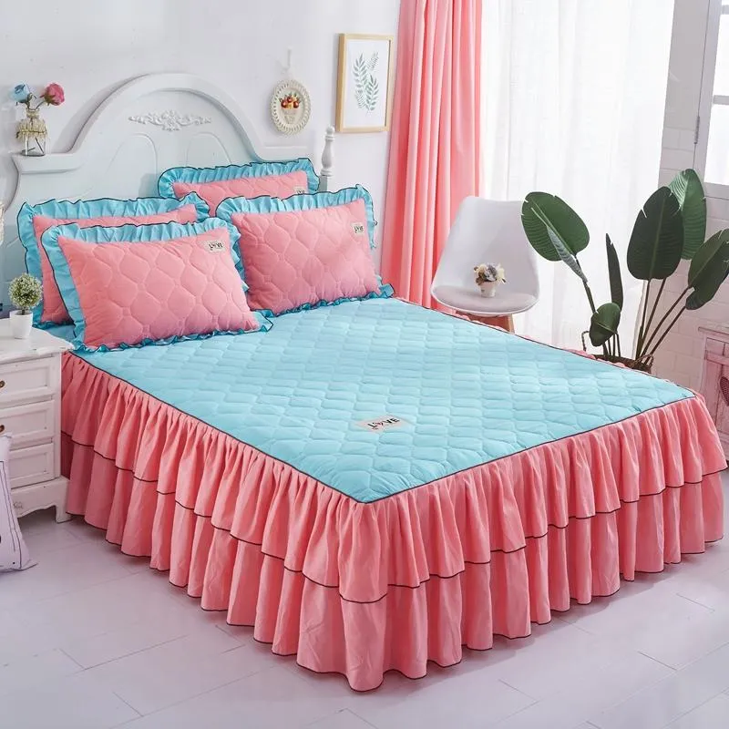 jupe de lit princesse housse de matelas rose bleu été style coréen solide couverture de lit pleine reine roi taille literie set287R