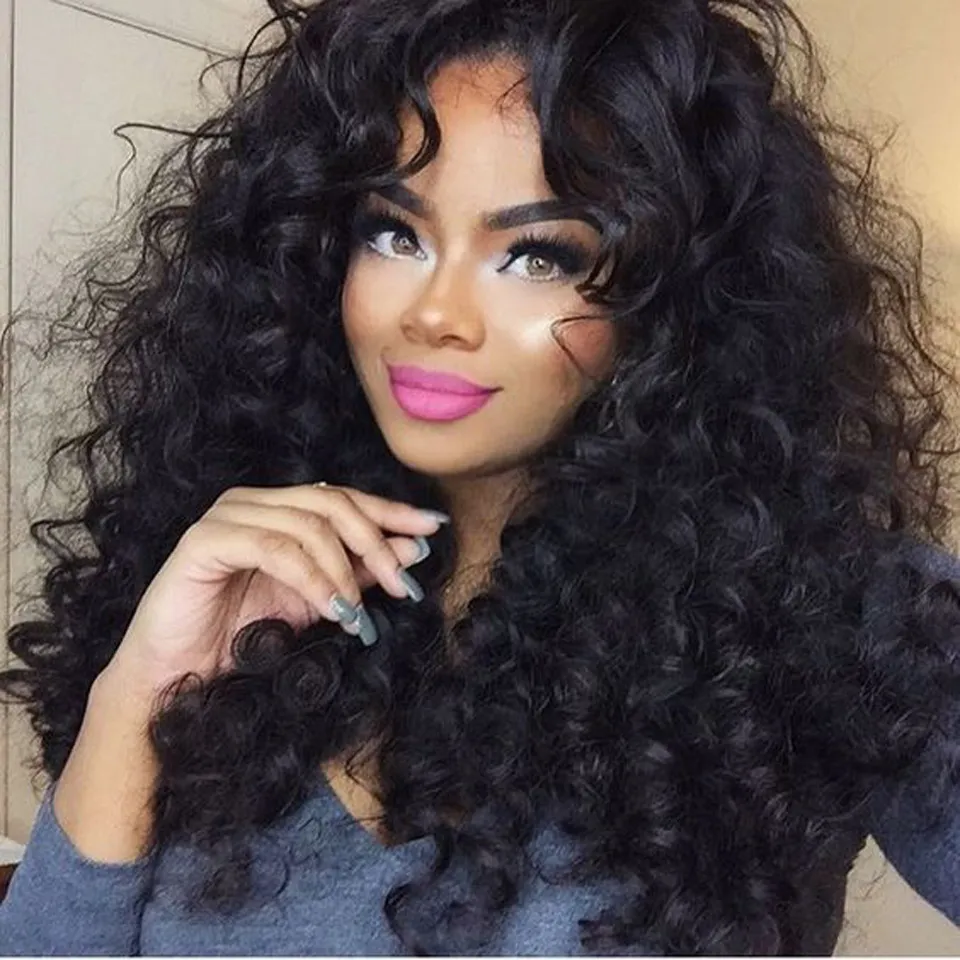 Free Part 180density full Kinky Curly Long Black Wig Heat Resistant Synthetic Lace Front Wigs With Natural Hairline For Black Women