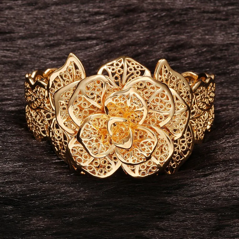 Filigree Flower Cuff Bangle 18k Yellow Gold Filled Fashion Womens Bangle Bracelet Wedding Jewelry Gift dia 58mm215S