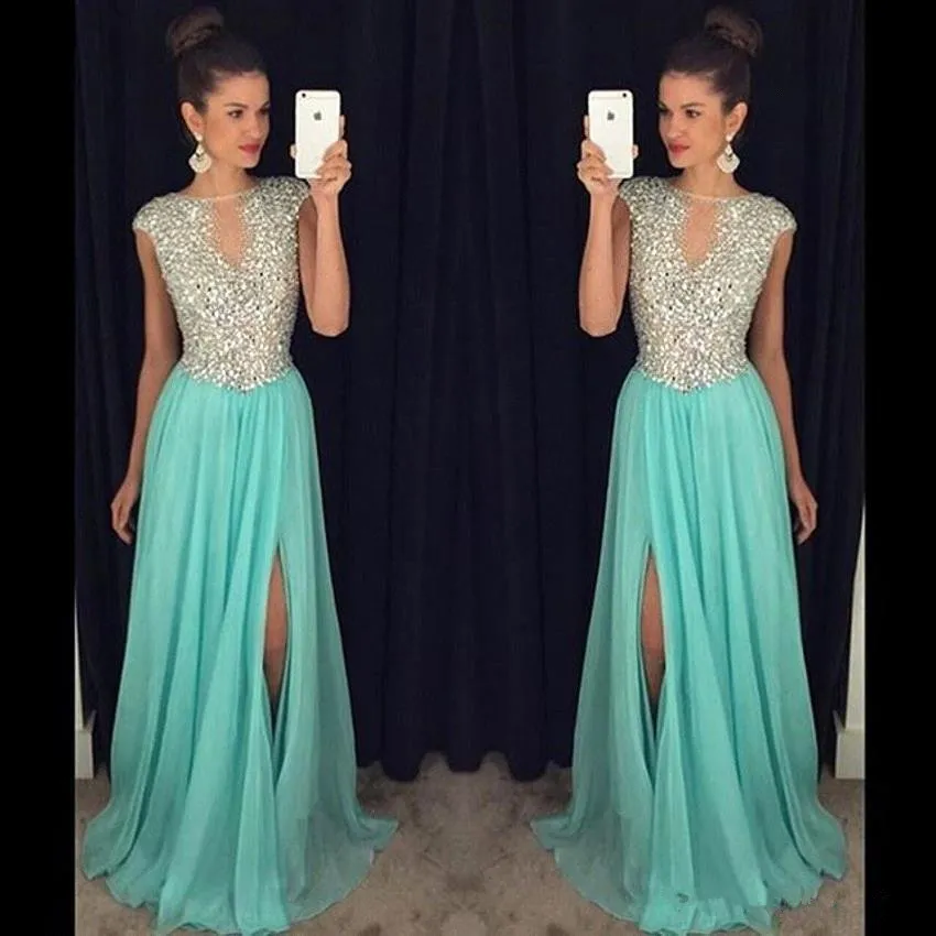 Sexy Cheap Long Bling Prom Dresses Cap Sleeves Illusion Chiffon Crystal Beads Royal Blue Mint Pink Side Split Party Dress Formal Prom Gowns
