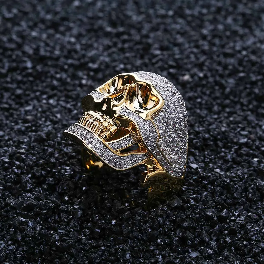 Hip Hop Copper Two Tone Skull Ring Iced Out Micro pavimentado anel punk cúbico punk para homens mulheres258m