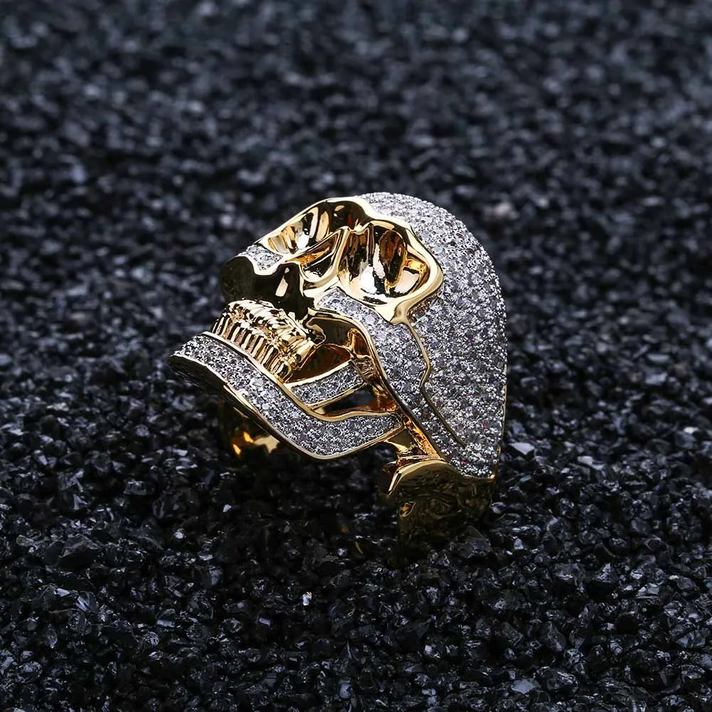 Hip Hop cuivre deux tons crâne anneau glacé Micro pavé cubique Zircon Punk mode anneau pour hommes femmes 2622