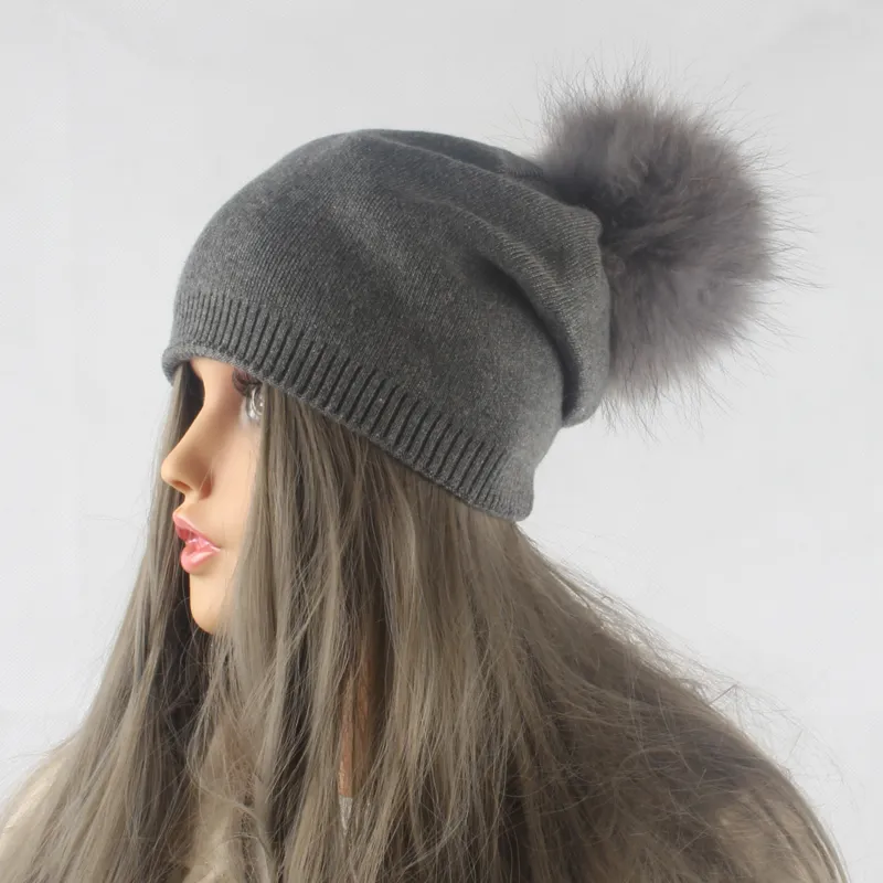 Donna inverno lana lavorata a maglia cappelli pompon beanie naturale pelliccia di volpe pompon cappello tinta unita cappello causale berretto D18110102