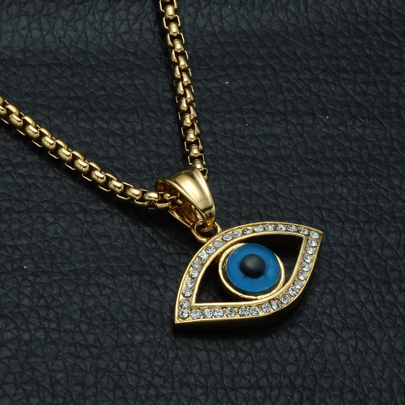 Evil Eye Pendant Necklace Stainless Steel Inlaid Crystal Turkey Good Luck Blue Eye Pendant 60cm Chain8656061