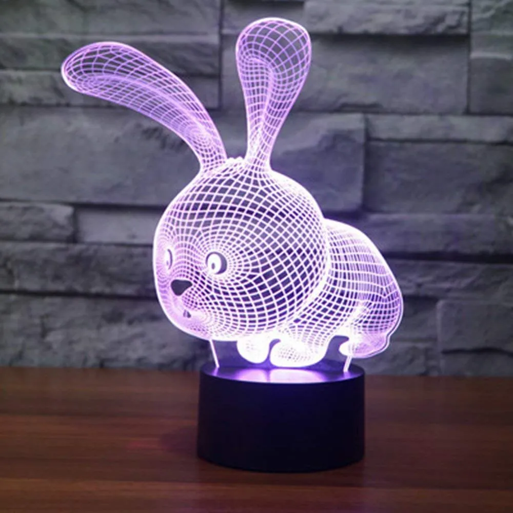 3D desenho animado Rabbit Night Light Touch Touch Desk Lâmpadas de Ilusão de Optical 7 Luzes de Cores Decoração Casa Decoração de Xmas Presente 342y