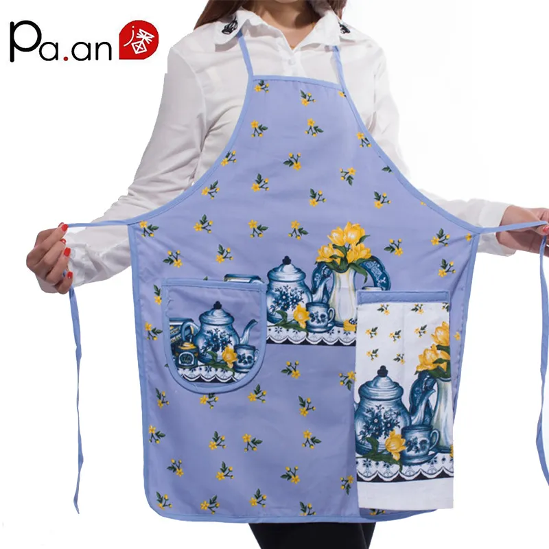 New Design 100 %Cotton Ladies Kitchen Aprons Creative Cartoon Printed Cooking Apron With Pockets Hand Towel Household Cleaning Too319H