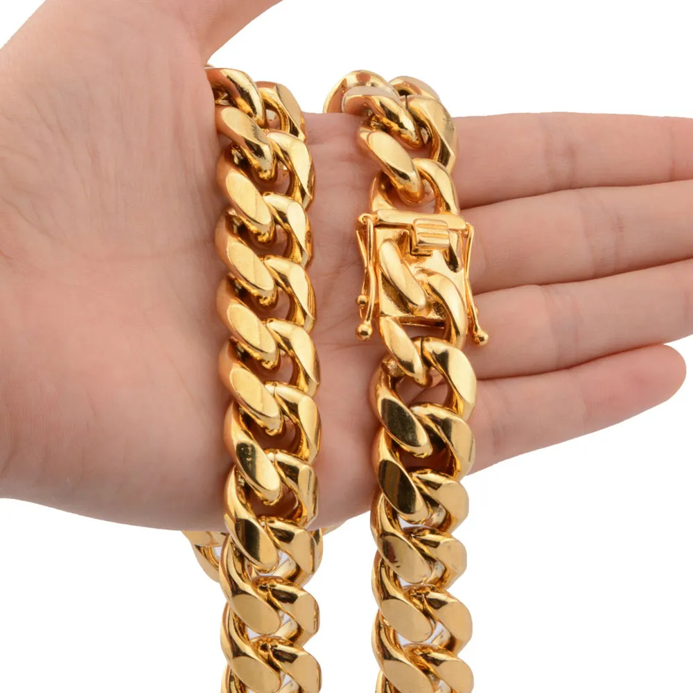 Modna biżuteria ze stali nierdzewnej złoto Wyjęte wysokie polerowane Miami Cuban Link Naszyjnik mężczyzn